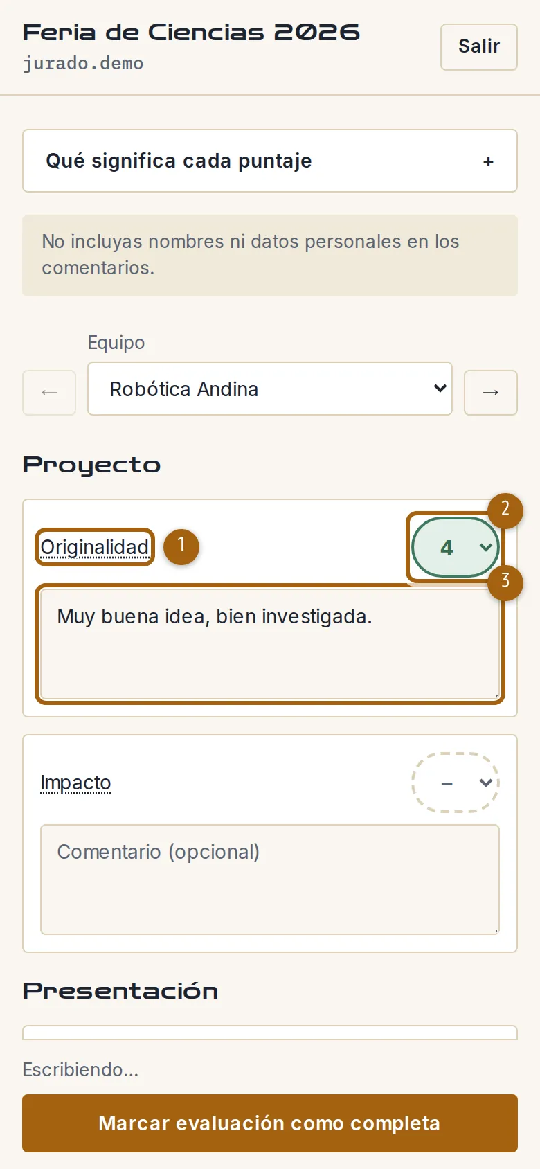 Captura del paso 4: Calificá cada criterio